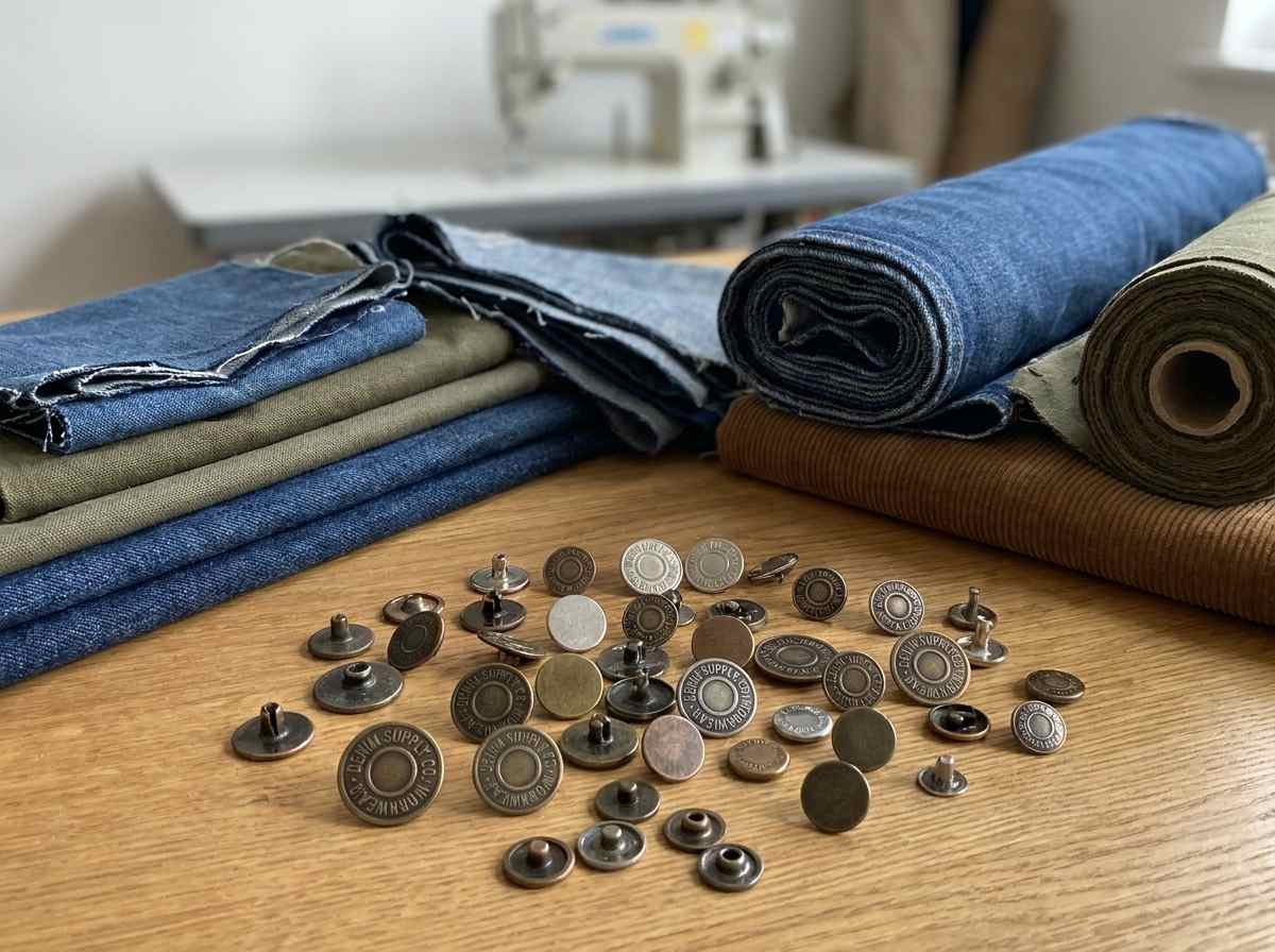 replacement jeans buttons, Replacement jeans buttons in different sizes, finishes and embossed designs are displayed on a wooden table beside folded denim fabrics.